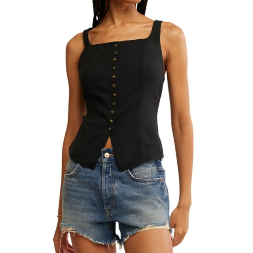 Free People Black Lace Up Corset Vest Top Back Button Front A Moment in‎ Time